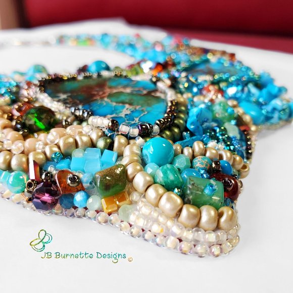 Turquoise Beaded Embroidery Statement Free-form Bib Necklace, Handmade Jewelry - Picture 5 of 10